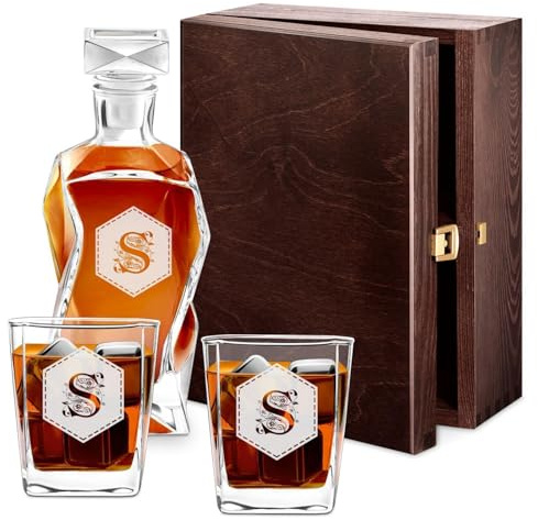Maverton Set Decanter per Whisky in vetro - da 700 ml - incisione personalizzata - Caraffa con 2/4/ 6 bicchieri - idea regalo per il compleanno - per l’ uomo - Esagono floreale