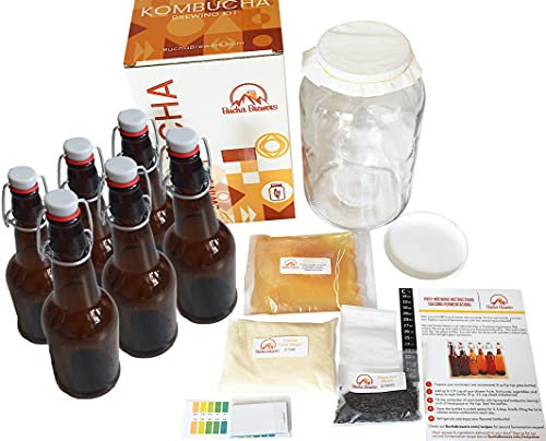 Bucha Brewers Kit de iniciación de Kombucha de lujo con Kombucha SCOBY y té de iniciación, kit completo de kombucha con botellas de vidrio con tapa oscilante, kit de preparación de kombucha + 6