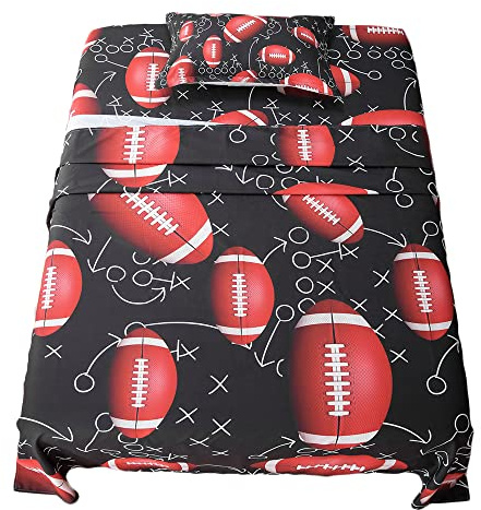 ADASMILE A & S American Football Sheets Twin for Boys Kids Sports Bedding Set Rugby Sheet Set Red Black White Design Ball Games Bed Cover with Pillow Sham Soft Microfiber Bedroom Decor Gift for Boys