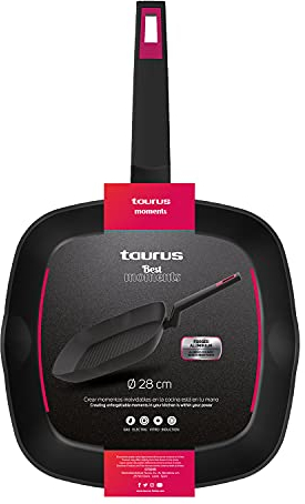 Taurus - Plancha de asar | Sarten parrilla de aluminio forjado | 28x28 cm | Mango ergonómico | Para todo tipo de fuegos | Recubrimiento antiadherente | Apta lavavajillas | Libre PFOA
