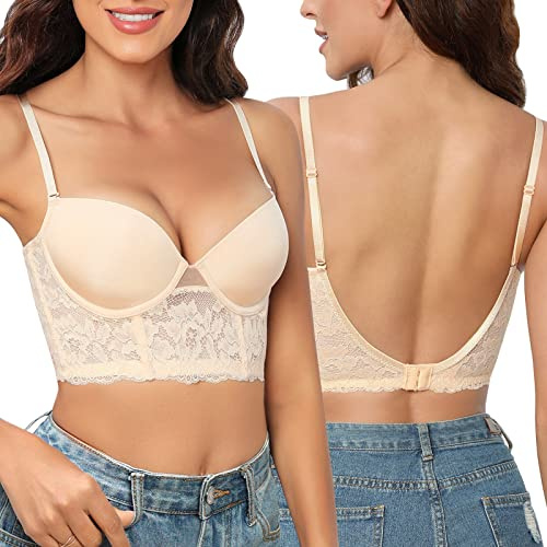 Niwicee Soutien Gorge Dos Nu Soutien-Gorge Push-Up Deep-V Plunge, Armatures Soutien-Gorge Dos Nu Dentelle Floral, Bretelles Multiposition Amovible Bra Dos en Forme De U-Beige-36-C