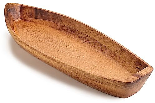 CAMLOT Lucky Boat - Bandeja para servir, plato de madera maciza de acacia con forma de barco para servir postres, frutas, aperitivos y mariscos o adorno de casa, bandeja para llaves, cuenco decorativo