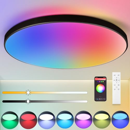 LED Ceiling Light IP44, 12 Inch 24W Smart Ceiling Lights RGB Dimmable with Remote Control Bathroom Lamps 3000-6500K 2520LM for Living Room, Bedroom, Kitchen, Hallway, Round, Black | Mångsidigt RGBCW-ljus skapar den perfekta ljusstämningen för fester, komfort och fokuserat arbete på dig