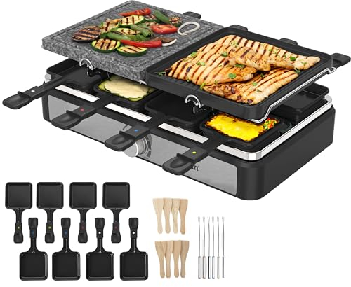 Dispositivo per raclette per 8 persone, griglia da tavolo, barbecue elettrico, con piastra in pietra naturale e rivestita, elemento riscaldante in acciaio inox, 1400 Watt