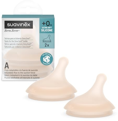Suavinex - Pack de 2 Tetinas para el Biberón Anticólicos Zero Zero, Repuesto de 2 Tetinas de Flujo Adaptable (A), Se Adapta a la Fuerza de Succión del Bebé, Tetina Lactancia Mixta, +0 Meses, Light
