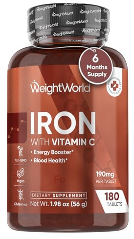 WeightWorld Iron Supplement 65mg - with Vitamin C 125mg - 180 Tablets (6 Months Supply) - Gentle Carbonyl Iron Supplement for Women & Men - Energy Booster & Blood Heath - Vegan, Non-GMO & Gluten-Free
