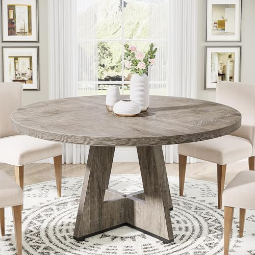 Tribesigns 47 inch Round Dining Table Wood Kitchen Table for Dining Room, 47 Dinner Room Tables for 4-6, Farmhouse Accent Furniture with Wooden Tabletop and Cross Base, Rustic Grey