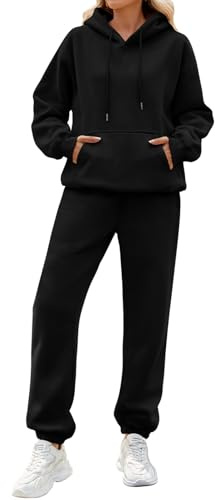 CMTOP Tuta Donna Sportiva Completo 2 Pezzi Invernale Termici Tute da Ginnastica in Pile Cotone Felpa con Cappuccio e Pantaloni Jogger Casual Completi Palestra Per La Casa Fitness(Nero, L)