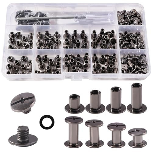 YIXISI 100 Set M5 x 5/8/10/12 mm Chicago Vis Assortiment Kit, 4 Tailles Kit de Rivets pour Cuir Cruciforme avec Tournevis, pour DIY, Décoration de Cuir, Réparation de Reliure, Nickel Noir