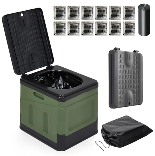 Warmiehomy Portable Camping Toilets for Adults, Outdoor Lightweight Foldable Toilets, Compact Travel Toilet for Adult Potty with Curing Agent, Compost Toilet Max 150KG (Green)