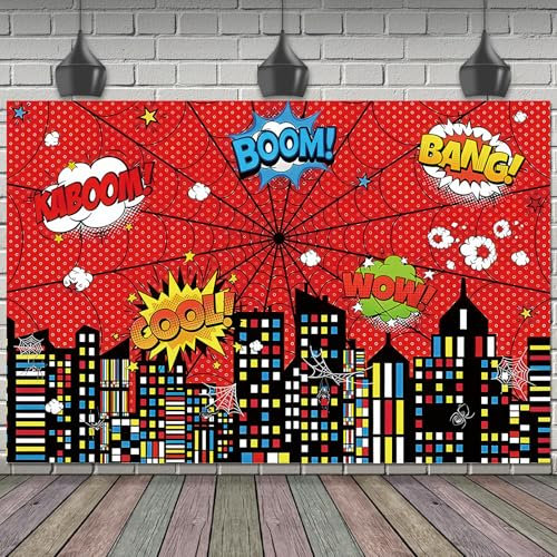 SAVITA Toile Fond Spider Web Super City, 180x120cm Polyester Pré-Perforée et Réutilisable Toile Fond Lavable Idéale pour Décorations d'anniversaire Accessoires Photographie et Cadeaux Fête