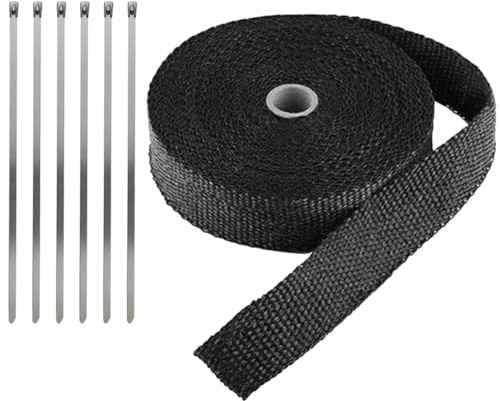 LKRXW Bande Thermique Échappement Fibre de Verre Ruban Collecteur d'échappement de Moto Tuyeau Isolant Thermique Protection Voiture Isolante Noir 2,5CM X 10M avec 6 Attaches