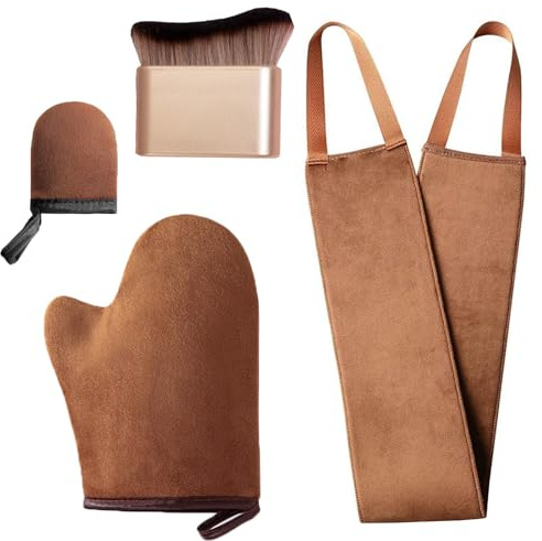 4 Pcs Set Tanning Mitt Set, Fake Tan Mitt and Back Tanner Applicator, Self Tanning Mitt Glove for Even Application, Includes Tanning Brush and Back Applicator for Smooth, Streak-Free Tan