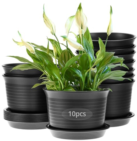 QWORK® 10-Pack Grey Resin Flower Pots, 15cm Plant Containers with Drainage Pallet