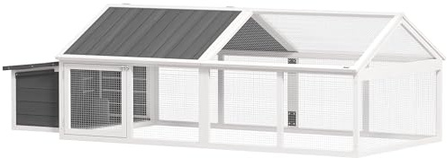PawHut Pollaio per esterno 240 x 112,5 x 76 cm pollaio in legno con tetto apribile Corral porte con serratura e nido per galline coniglio anatre bianco e grigio