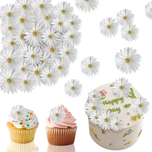 Decorazioni Commestibili per Torte,65PCS Fiori Commestibili per Torte,Margherita Commestibile per Torte,Topper Cupcake per Matrimonio,Compleanno,Anniversario,Bianco