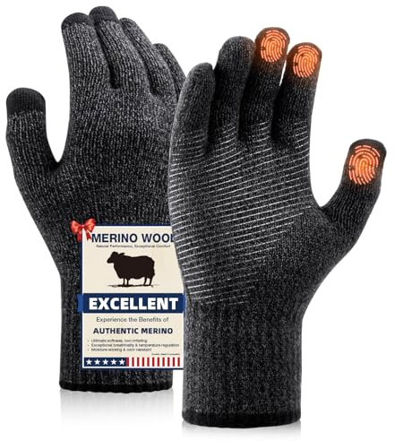 Heat equation Merino Wool Gloves for Men Women, Touch Screen Warm Anti-Slip Glove Thermal Soft Knit for Winter Driving Hiking XL Black Grey Marl