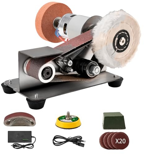 SI FANG Bandschleifer，Mini Elektrischer Bandschleifer，15° Stationäre Schleifer Polierschleifmaschine mit 10-Teiligen Schleifbändern, 1* Schleifscheiben, 1* Polierscheiben