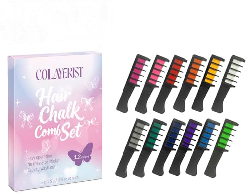 COLAYERIST Hair Chalk Comb for Girls and Kids, 12 Colour Washable Temporary Hair Dye, Hair Colour Spray Makeup Kit, Easy to Use, Christmas Halloween Gifts for Kids