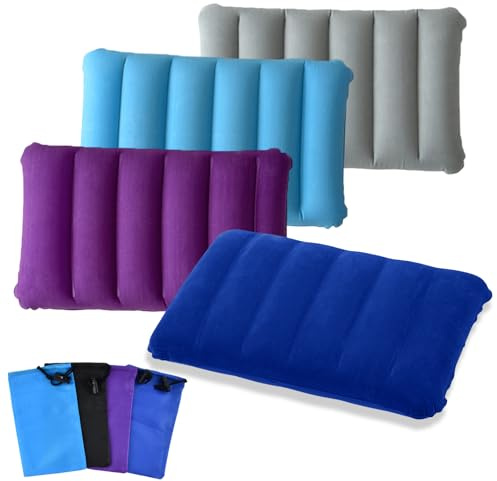 Zirax 4 Pcs Inflatable Pillow, Soft Flocked Blow Up Travel Camping Pillow, Ultralight Compressible Compact Air Pillows with 4 Storage Bags, Inflatable Flocking Cushion for Picnic Hiking Beach Fishing