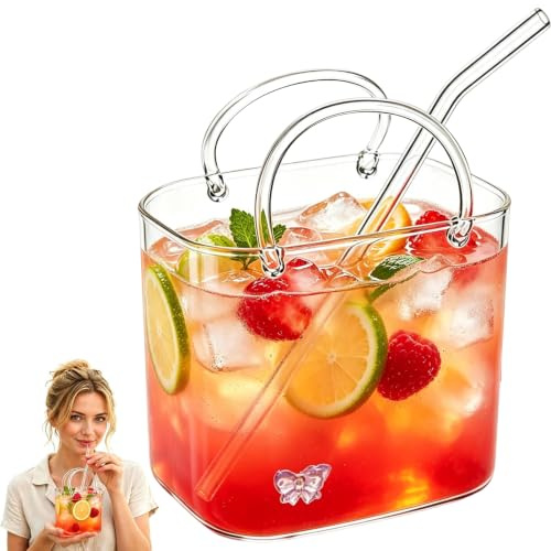 DXPETA Glass Purse for Drink with Straws, Cute Glass Cup and Small Glass Vase for Flowers, Elegant Cocktail Set for Various Beverages, Compact Drink Glasses with Practical Bag Vase Design