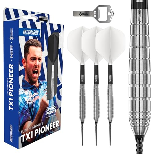 RED DRAGON – Luke Humphries Darts | TX1 Switch Points drivna av Winmau | 24g Dart Set | Stålspets | Professionellt 90% volfram dartset med dartflyg och axlar