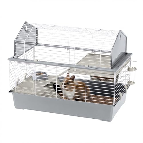 Ferplast Cage Barn 100 pour Lapins et Petits Animaux, 2 étages, Toit Ouvrant, Accessoires et Adhésifs Inclus