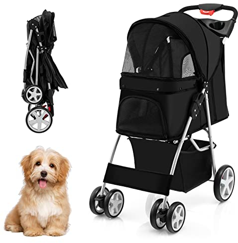 COSTWAY Hundewagen Haustiere Buggy, bis 15 kg, Hundebuggy mit Netzfenstern & Getränkehalter & Korb & Sonnenschutz, Faltbarer Katzenwagen, Katzenbuggy für kleine Hunde Katzen (Schwarz)