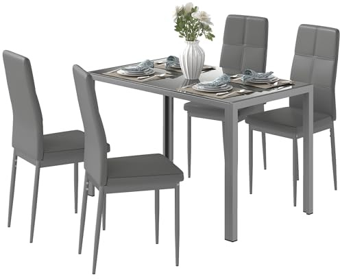 HOMCOM Set da Pranzo 5 Pezzi con 1 Tavolo da Pranzo e 4 Sedie Moderne per Cucina o Sala da Pranzo in Finta Pelle, Metallo e Vetro Temperato, Grigio