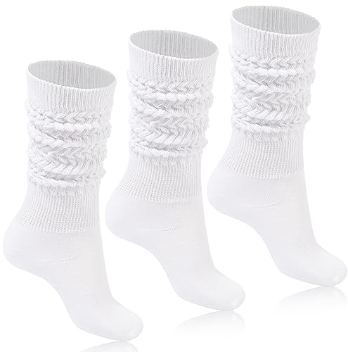 Moon Wood Slouch Socken Damen 3 Weiß Paare Kniestrümpfe Extra lange Baumwolle stricken Knie hoch dick Scrunch Socken Schuhgröße 36-42