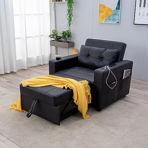 Panana Sleeper Chair 3-in-1 Convertible Bed Pull Out Beds Adjustable Single Armchair Sofa with USB Ports, Side Pocket, Cup Holder for Small Space (Black Faux Leather), 189 x 99 x 45 cm (frss22)