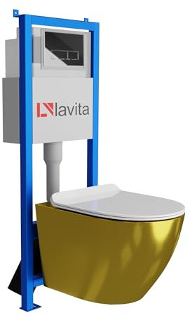 lavita Lavita LAV 101 elemento de pared para inodoro 40 cm + inodoro suspendido suspendido SOFI SLIM GOLD/WHITE sin borde + panel de control LAV 200.3.2 cromado | Conjunto completo | Cisterna empotra