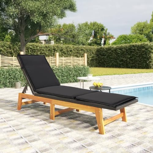 CKioict Tumbona para balcón, tumbona de playa, tumbona con cojín de polirratán y madera maciza de acacia, para jardín, césped, terraza