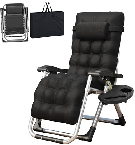LSLIFE Zero Gravity Garden Chair folding Sun Loungers with Cup Holder & Cushion Carry Bag Adjustable Outdoor Reclining Garden Chairs for Patio Garden Beach (Black)