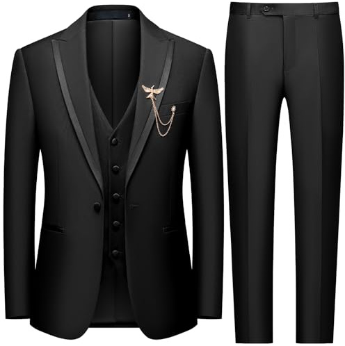 WEEN CHARM Men's 3 Piece Suit One Button Blazer Jacket Vest Pants Set Slim Fit Formal Wedding Business Tuxedo Suits Black