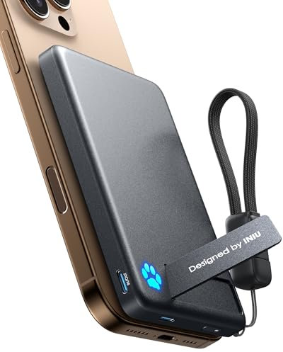 INIU Magnetische Powerbank, 45W 10000mAh mini Power Bank, Qi2-zertifiziert Ultra-schnelles, mit Schlüsselband USB C Kabel & Ständer, MagSafe-kompatible Powerbank nur für iPhone 16 15 14 13 12 Serie
