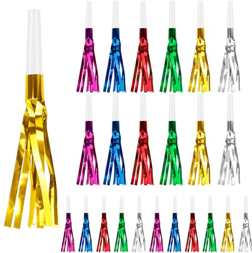 Party Blowers, 24 PCS New Years Noise Makers, Glitter Metallic Fringed Party Blowouts for Kids Birthday Graduations, Colorful Blow Horns Whistles for Christmas Weddings Family Sporting Events Supplies