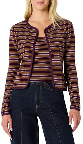 Amazon Essentials Completo Cardigan e Top a Costine con Spalline Rimovibili, Vestibilità Aderente Donna, Bordeaux Marrone Righe, L