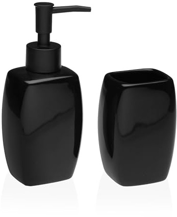 Set Bagno Dispenser Sapone e Porta Spazzolini in Ceramica – Accessori Bagno Design Moderno, Dosatore Sapone Liquido + Bicchiere Portaspazzolino Ricaricabile (Nero)