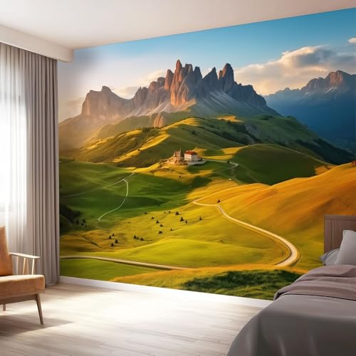 Soggiorno Carta da Parati Murale 200 x 140 cm, Natura Paesaggio Montano Colline Carta da Parati per Parete TV Camera da Letto Decorare, Verde Decorazione Murale Fotomurale