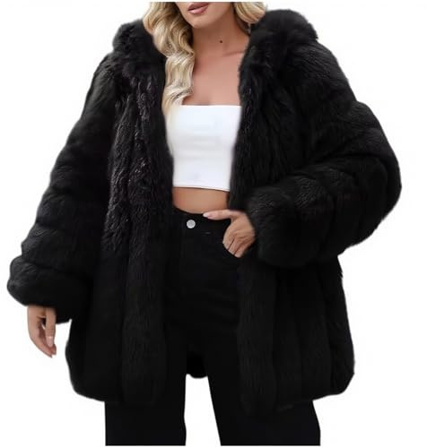 HAOLEI Abrigo Pelo Mujer,Chaqueta Mujer Invierno con Capucha de Pelo Sintético Gruesa Cálido Abrigos Manga Larga de Piel Artificial Elegante Frente Abierto Cárdigan Peluche Moda Faux Fur Coat