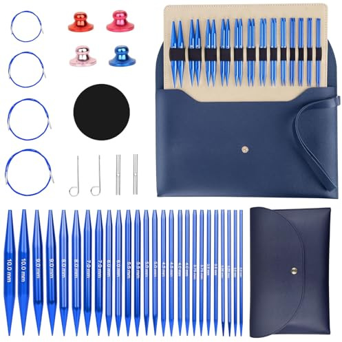 Tronisky Set di ferri circolari intercambiabili, 13 paia di ferri da maglia con 4 cordoncini da 40 cm/60 cm/80 cm/100 cm, borsa e accessori, 3,0 – 10,0 mm, in alluminio, regalo per maglieria, blu