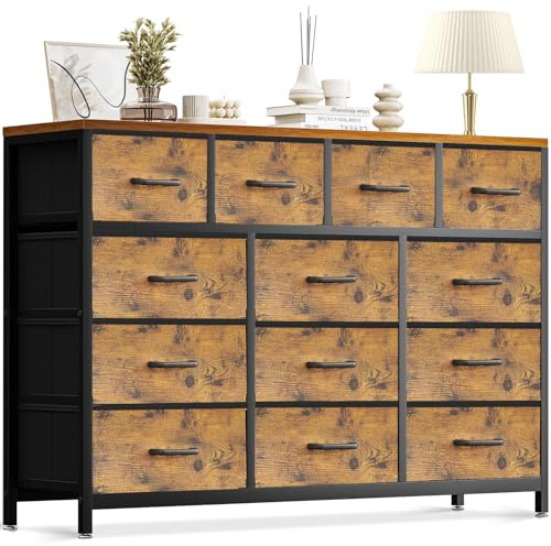 Coleshome Große Kommode mit Schubladen, Große Kommode Hoch mit 13 Stoff Schubladen, Stabiler Stahlrahmen, Holzplatte, Geeignet für Wohnzimmer und Schlafzimmer, 140 x 30 x 101cm