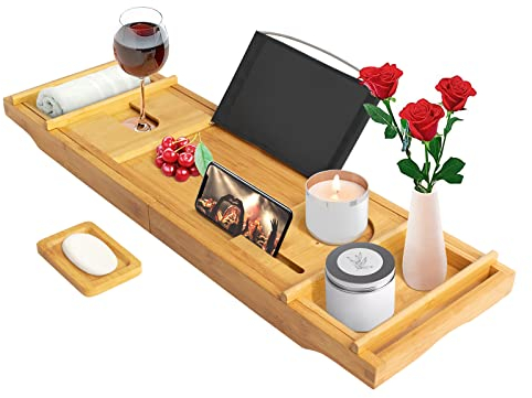 Todeco Pont de Baignoire Extensible Bambou, Plateau Planche avec Porte-Livre, Porte-Verre, Porte-Bougie et Support pour Téléphone, Planche de Bain en Bois de Luxe, Noir