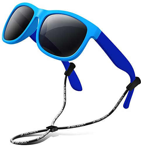 RIVBOS Kids Sunglasses Boys with Strap Polarized Rubber Flexible Shades for Toddler and Children Age 3-10 RBK023-1 Blue&blue