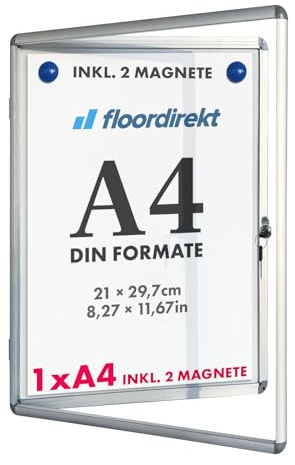 Floordirekt Bacheca 1xA4 con 2 Magneti Info Box Cartello Espositore Magnetico e Retro Scrivibile Bacheca per Poster con Cornice in Alluminio e Vetro Acrilico