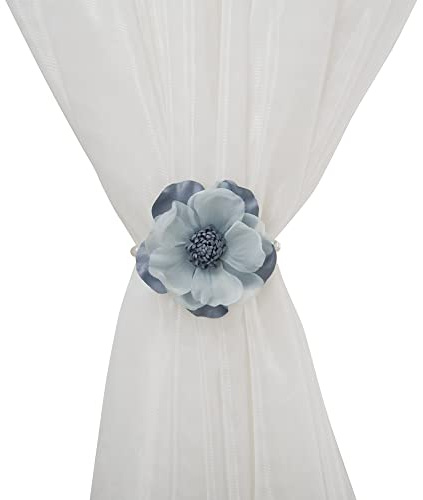 SUQ I OME 2 Pack of Pearl Magnetic Flower Curtain Tieback with Handmade Flower Decorative Drapery Holdbacks Rope Holder for Home, Office,Blue