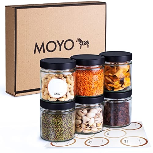 MOYO Vorratsgläser mit Deckel I 6er Set á 410ml I hochwertige Frischhaltedosen Glas I luftdichte Aufbewahrungsbox Küche I Vorratsdosen Set mit Etiketten I Vorratsdosen Glas mit Deckel in schwarz
