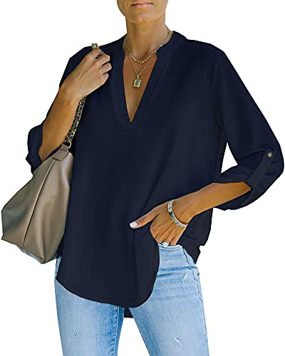 NONSAR Camicetta da donna Henley, elegante, con scollo a V, maniche arrotolabili, in stile casual, Blu scuro, L