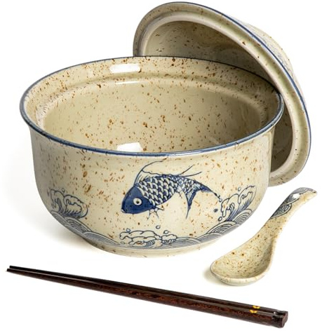 HLWDXno1 Ceramic Ramen Bowl, Japanese Style Retro Ramen Bowls Set 800ml Noodle Bowl with Chopsticks and Spoons, Asian Soup Bowls with Lid for Microwave & Dishwasher Safe, Japan Fish